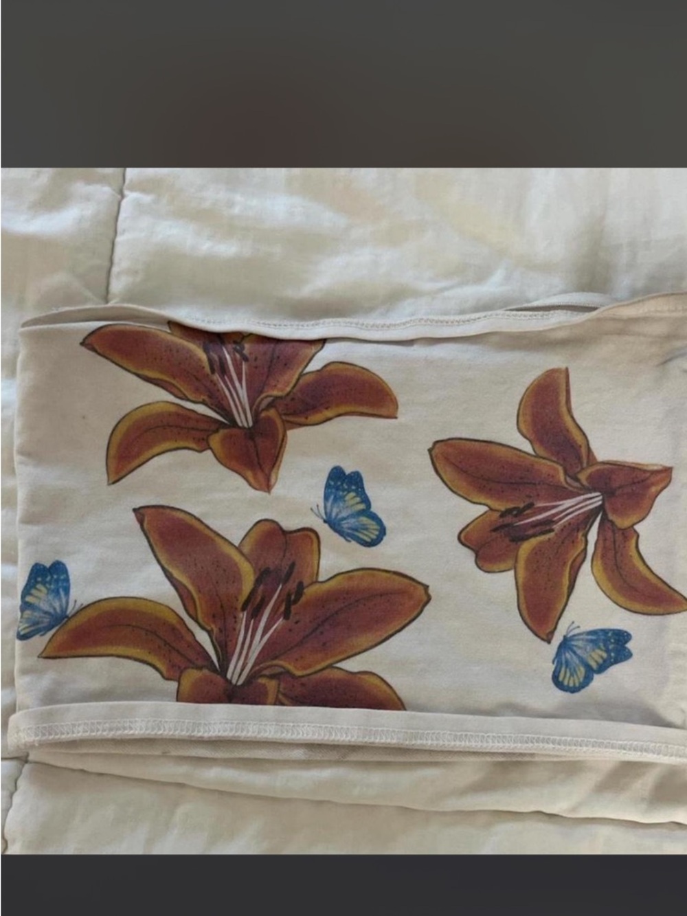 Edikted White Floral Tube Top with Orange Lilies and Blue Butterflies